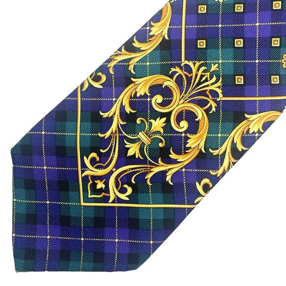 Versace Other - Vintage Versace Tie Mens Silk Purple Gold Plaid Baroque Print Necktie Designer